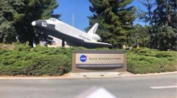 a NASA jet is displayed outside Ames Research Center