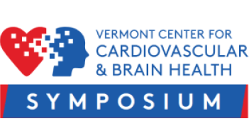 A Word Art graphic featuring the text "Vermont Center For Cardiovascular & Brain Health" alongside the VCCBH logo, which depicts a heart and brain partially blended with scattered pixels. Below, a blue banner states "symposium.