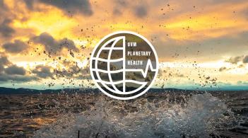 Waves splash on lake with overlay of planetary health icon