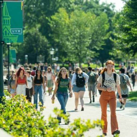 Students on campus on a sunny day.