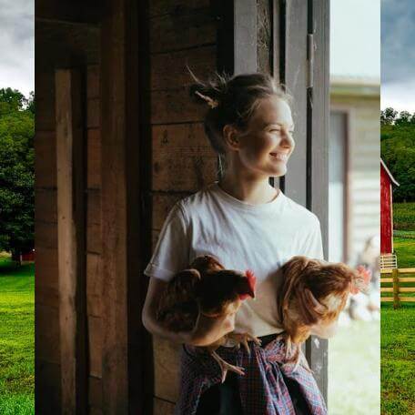a farmer holding two chickens