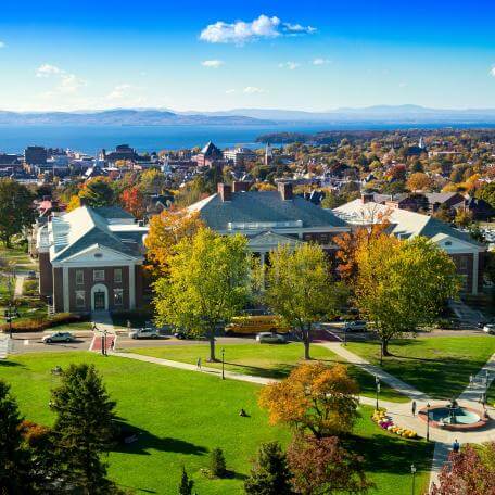 Bird's eye view of Waterman, University Green, downtown Burlington, and Lake Champlain