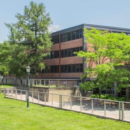 A four-story, brick residence hall with trees and a grassy area in front of it. 