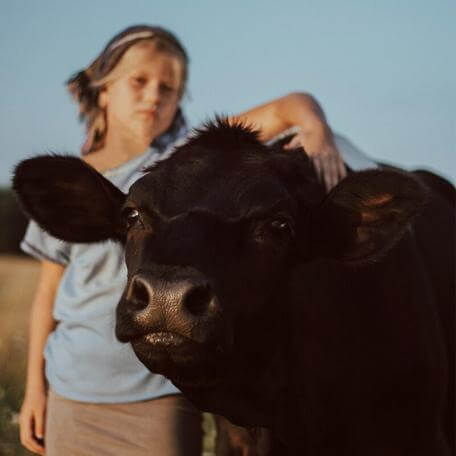 young person hugging a cow