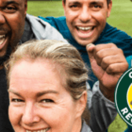 Active people outside, smiling at camera