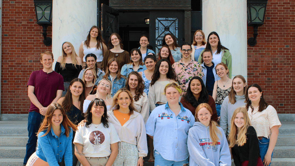 Students in UVM's Class of 2022 Bachelor of Social Work (BSW) cohort on the front steps of Waterman Building.