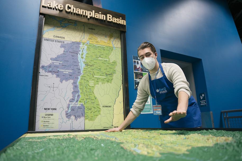 Sage WhiteCloud teaches ECHO Center guests about Lake Champlain