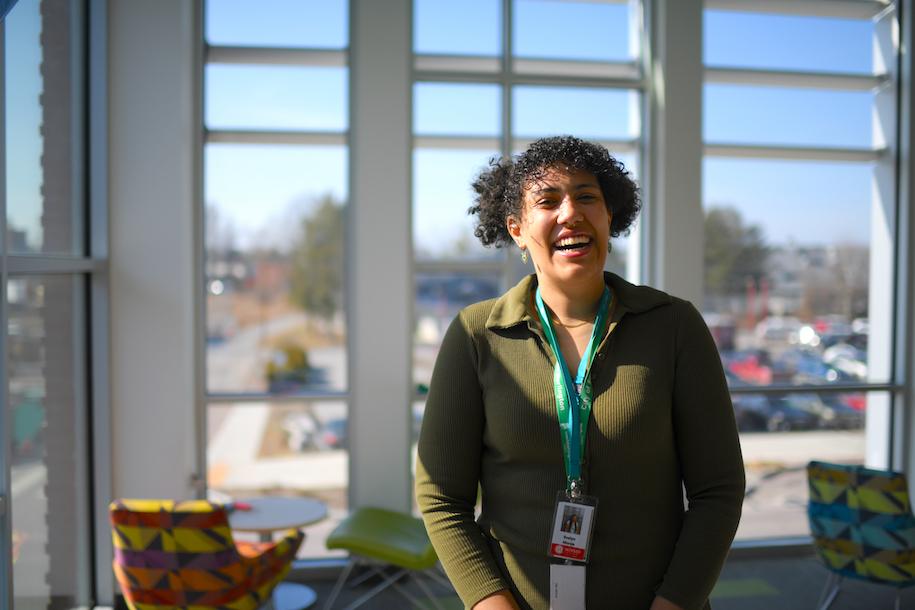 Evelyn Monje smiling and laughing at the South Burlington Public Library