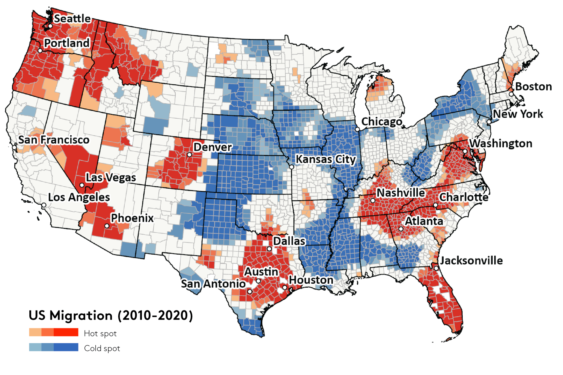 This image shows a map of the United States with counties colored in either blue or red to signify changes in population. Red means an increase in population, and blue shows a decrease in population.