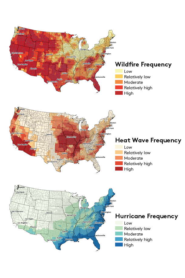 This image shows three maps, which show the frequency of wildfires, heat waves, and hurricanes in the continental United States.