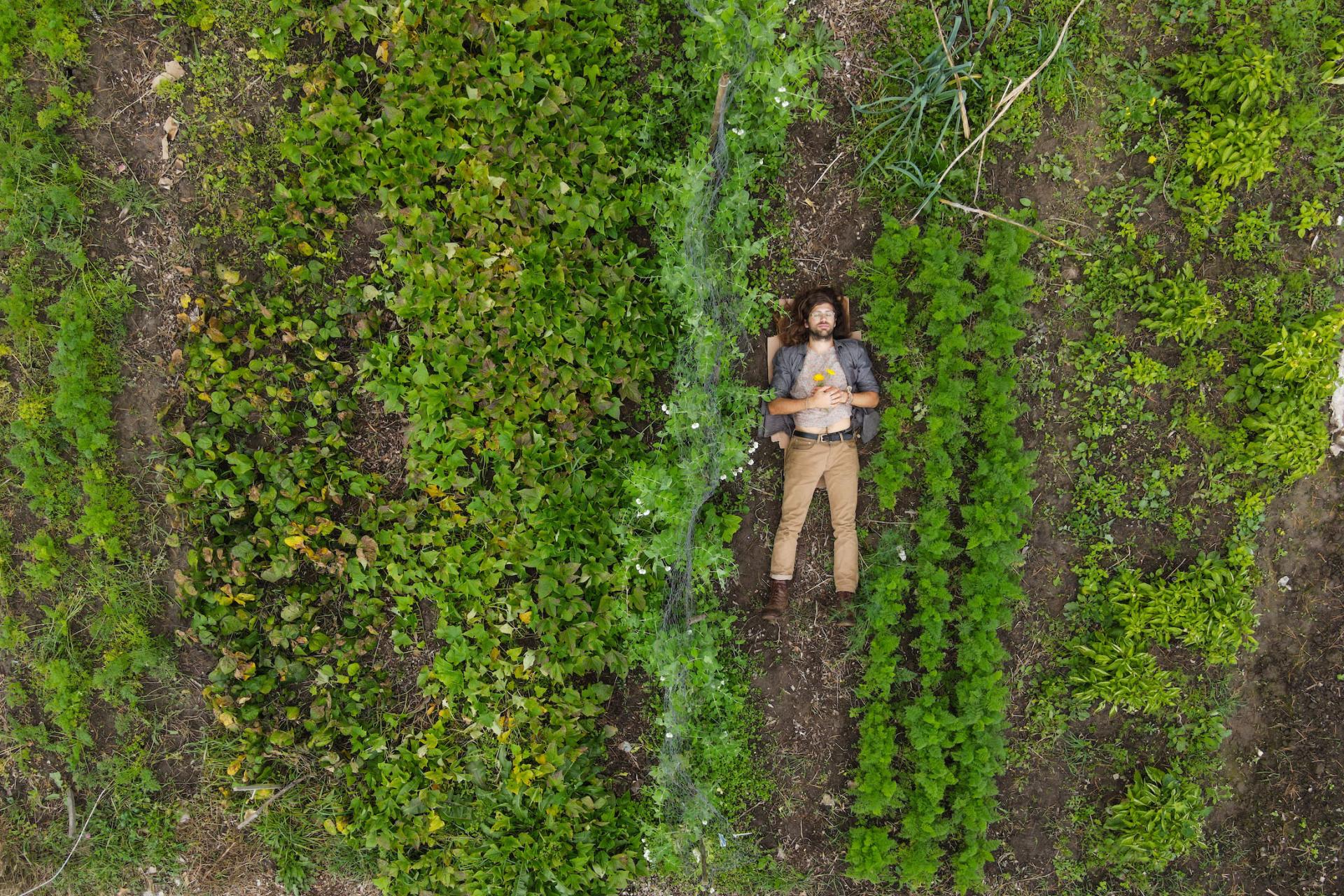 Aerial shot of Sam Blass in his community garden plot