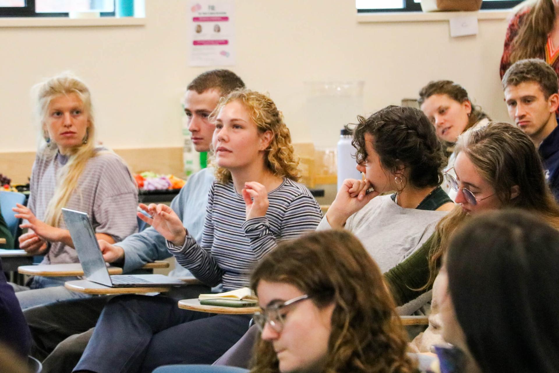 A Q-and-A session followed Pablo Bose's talk on refugee agriculture and climate change.