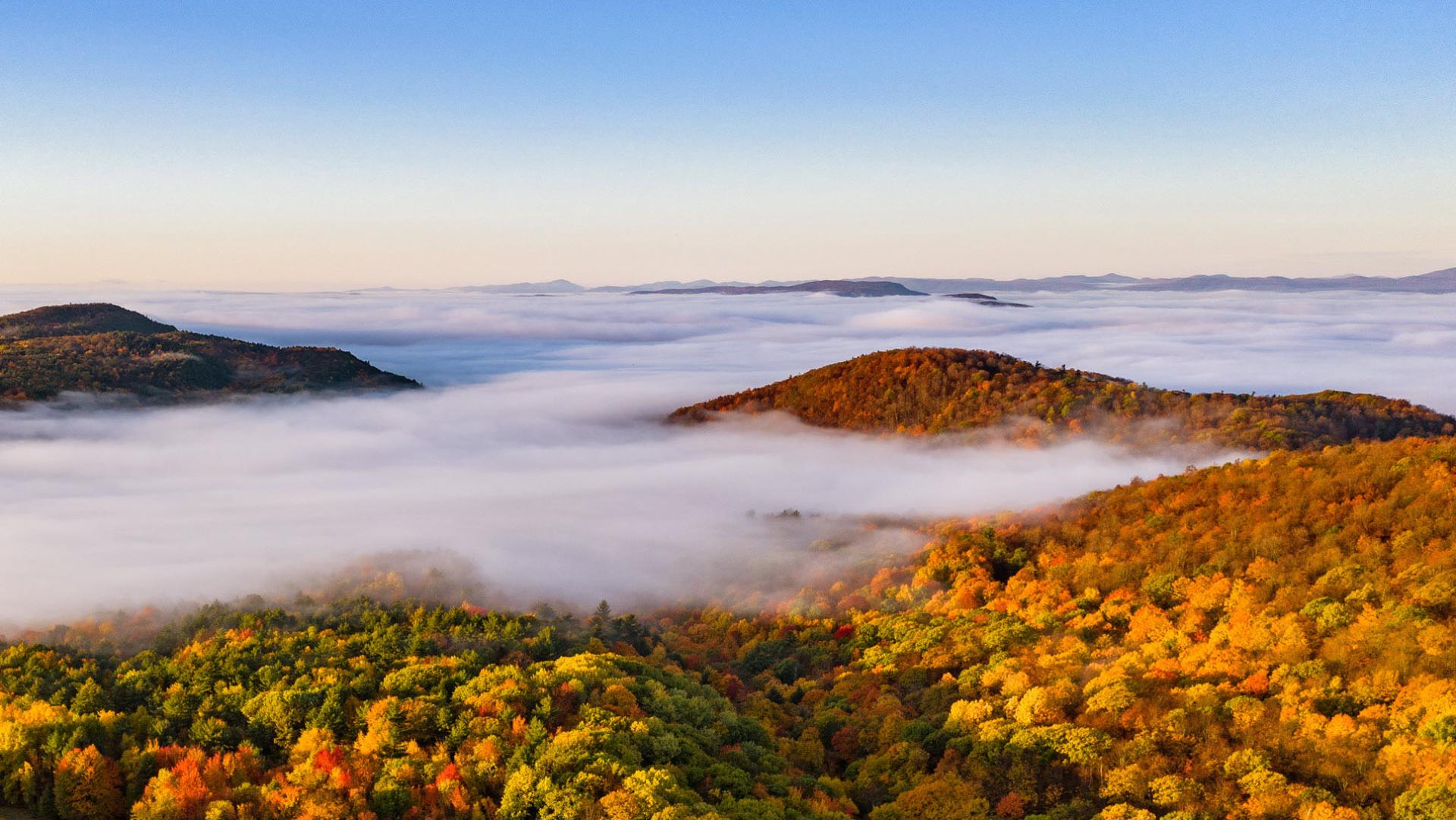An aerial photo of fall foliage in Vermont. 