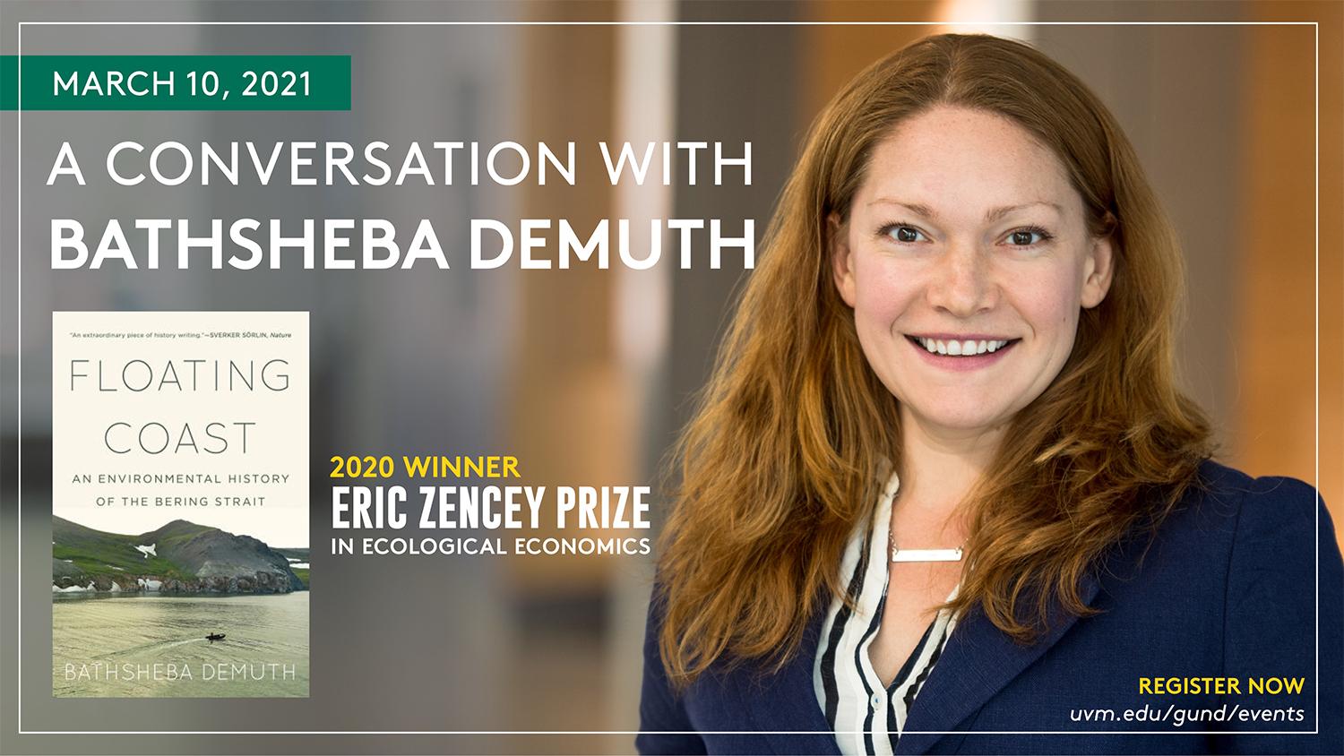 Bathsheba Demuth and the cover of her book, Floating Coast: An Environmental History of the Bering Strait