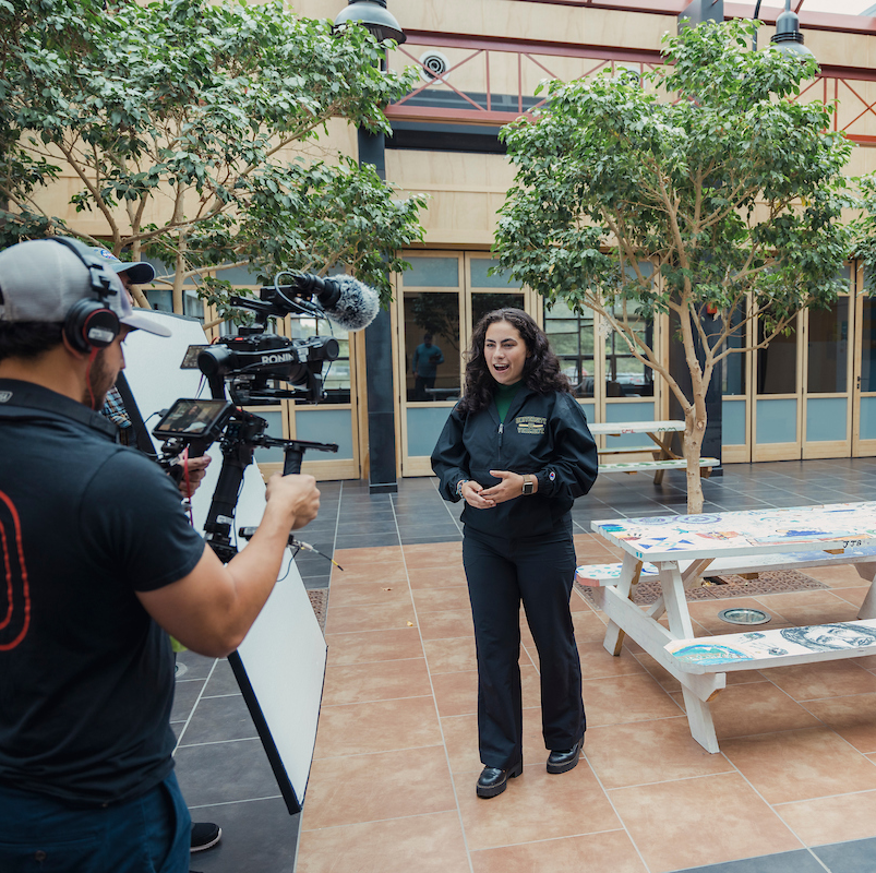 A student speaks to the camera