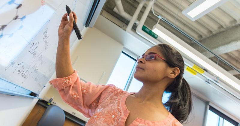 Graduate student Sengupta Sanghita works out a Physics problem on the whiteboard