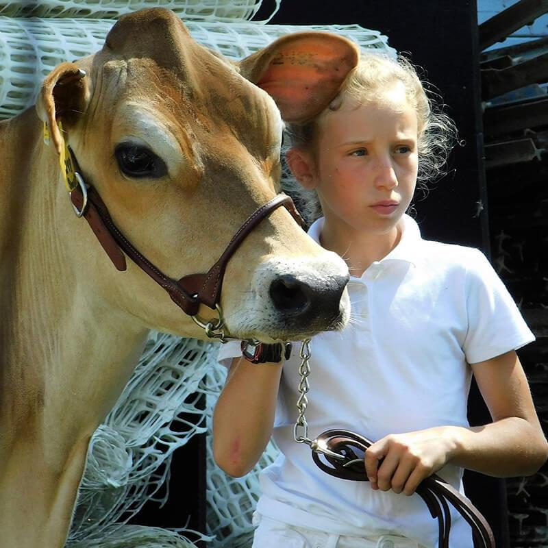 young kid with a cow, looking serious