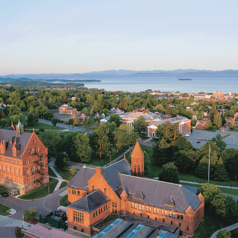 Bird's eye view of campus with the lake in the background
