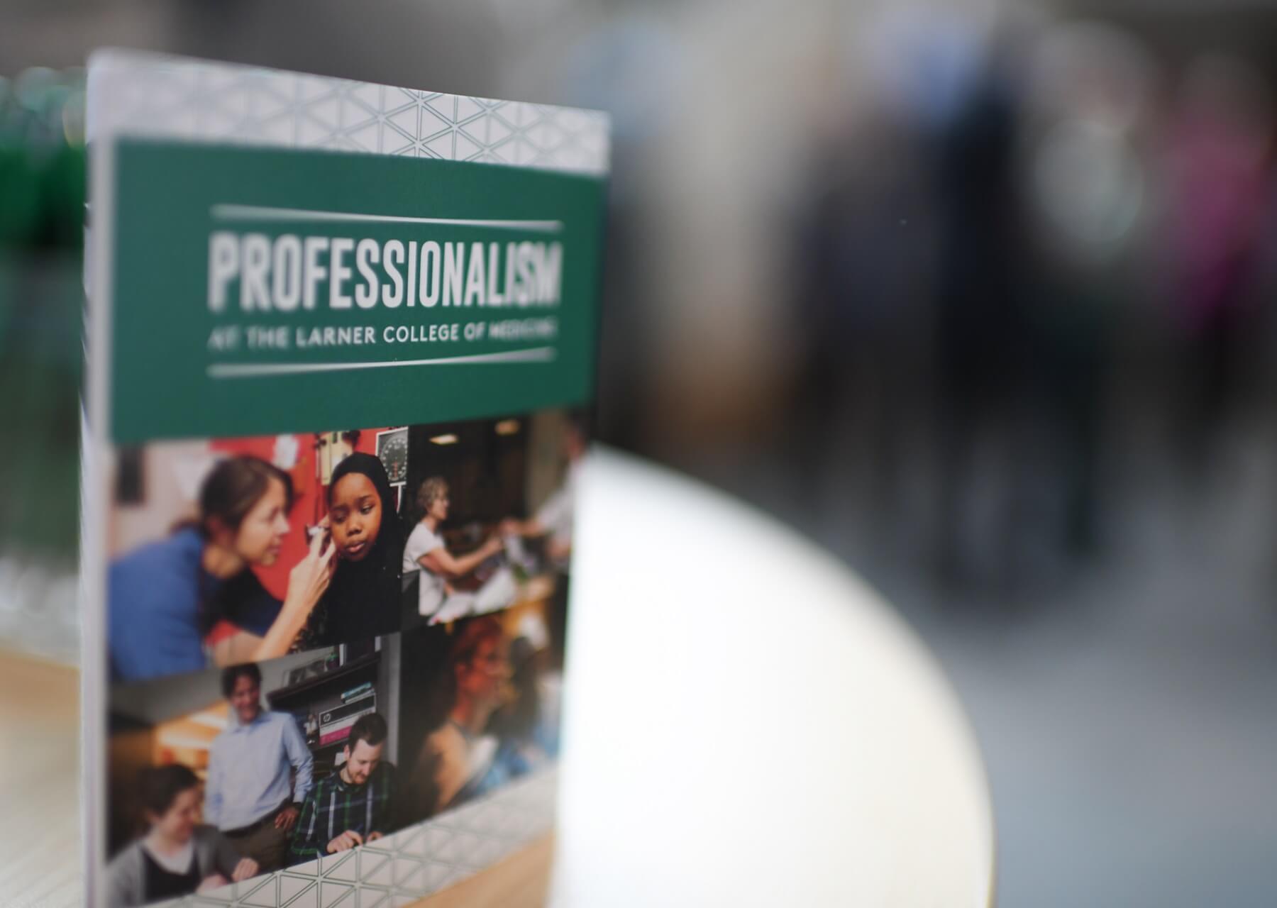 Table card saying Professionalism at Larne College of Medicine