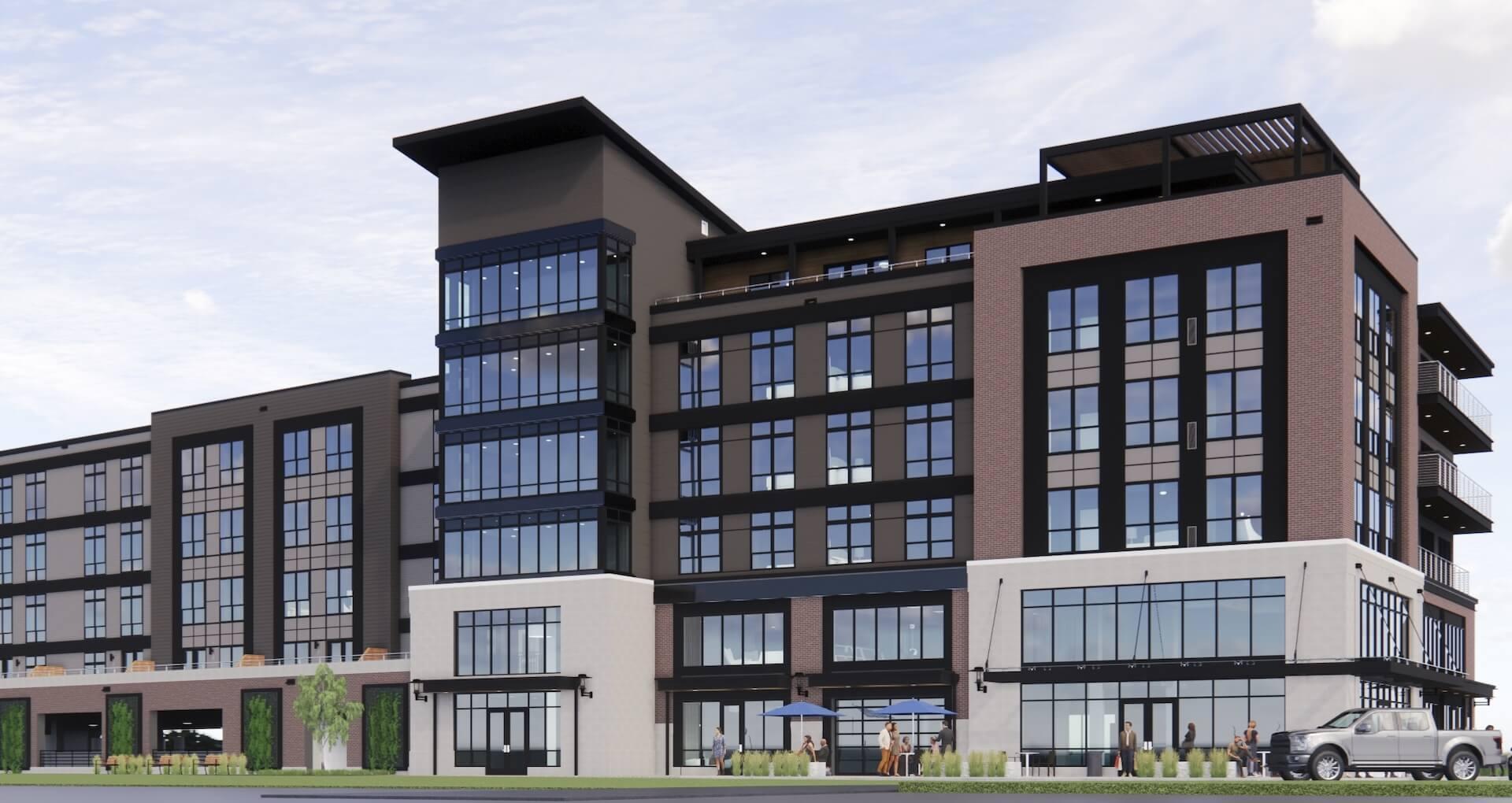 A rendering of a modern 5-story apartment building. 
