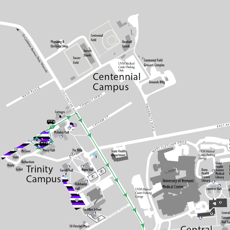 UVM campus parking map showing the resident black permit lots