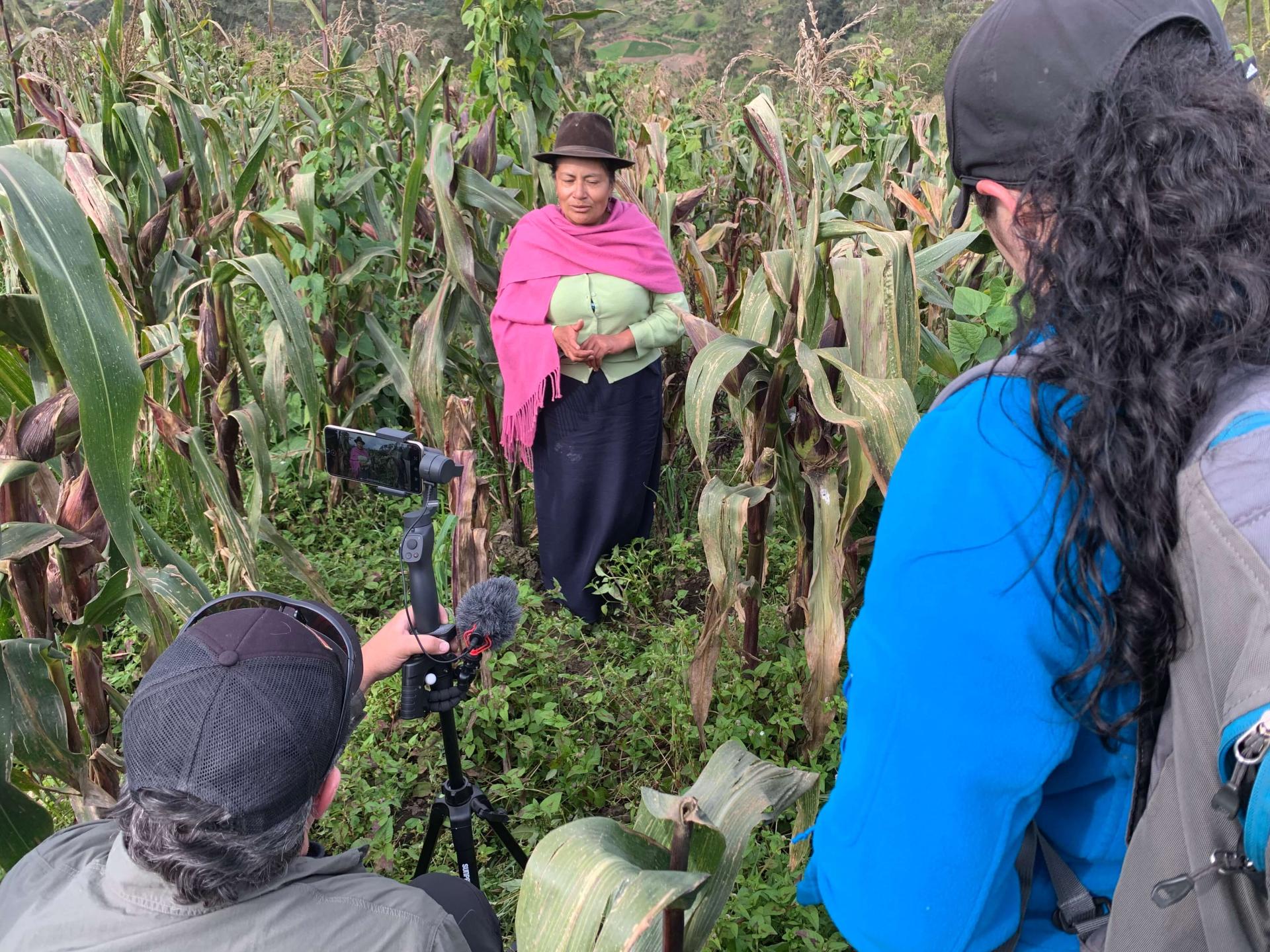 Amaya Carrasco filming Mabel Pintag Pilatuña is an agricultural engineer and Indigenous leader, an important spokesperson for Agroecology in Ecuador, and the Associate Director and founding member of the Caliata Initiative 