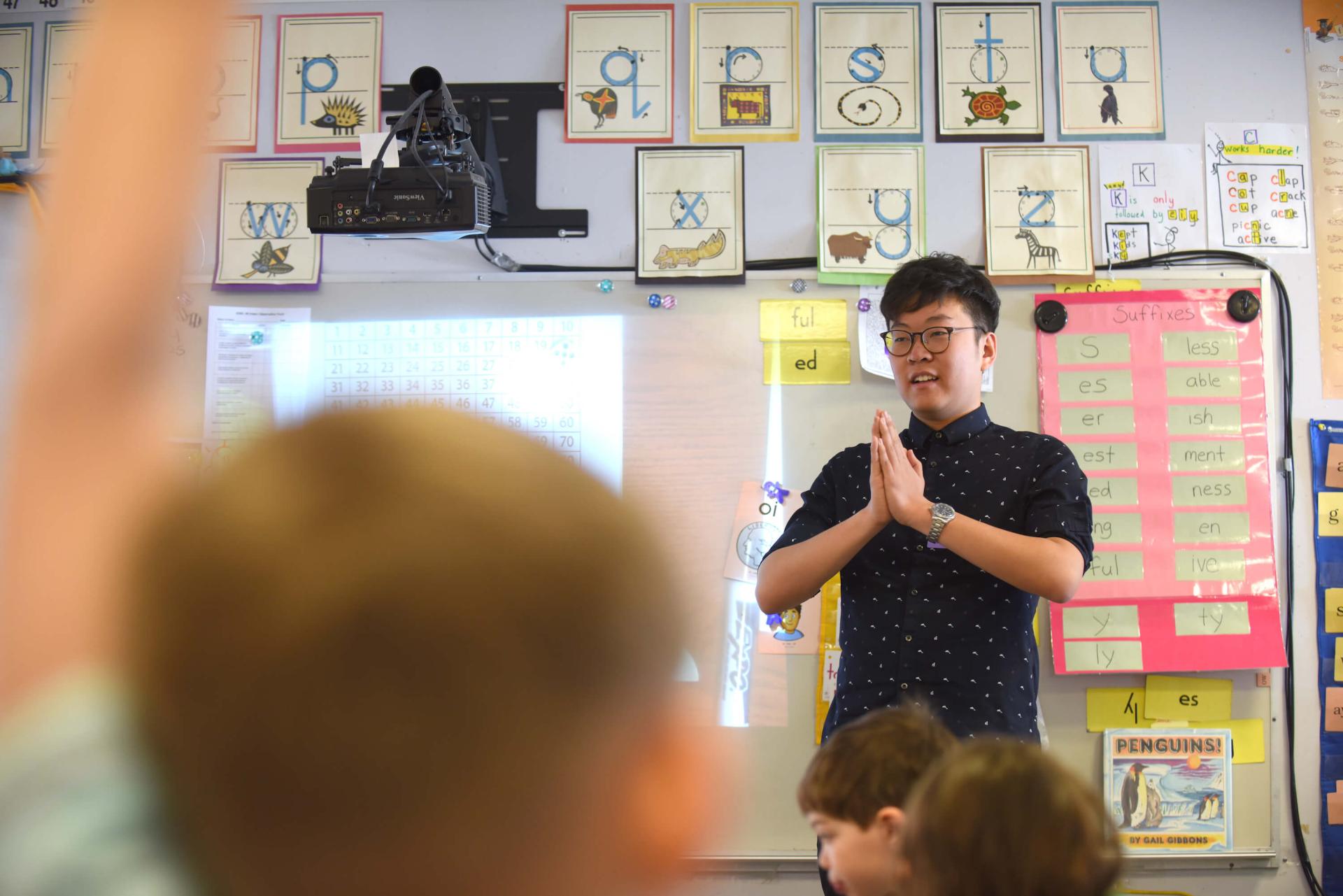 Student teacher addresses the class at Allen Brook Elementary School