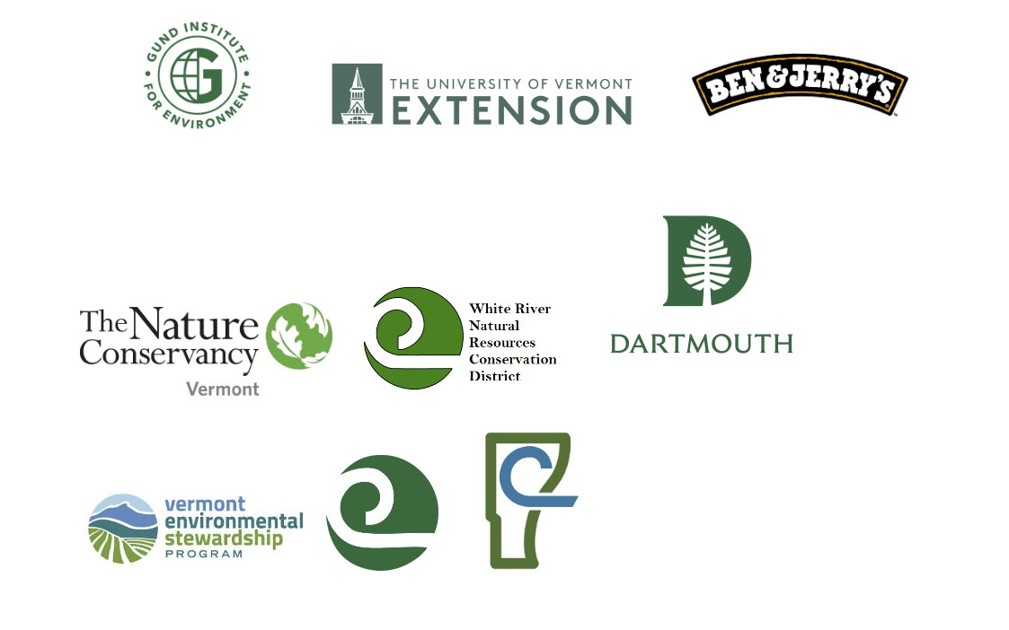 Our collaborators: Gund Institute, Ben and Jerry's, The Nature Conservancy Vermont, White River Natural Resources Conservation District, Dartmouth, Vermont environmental Stewardship