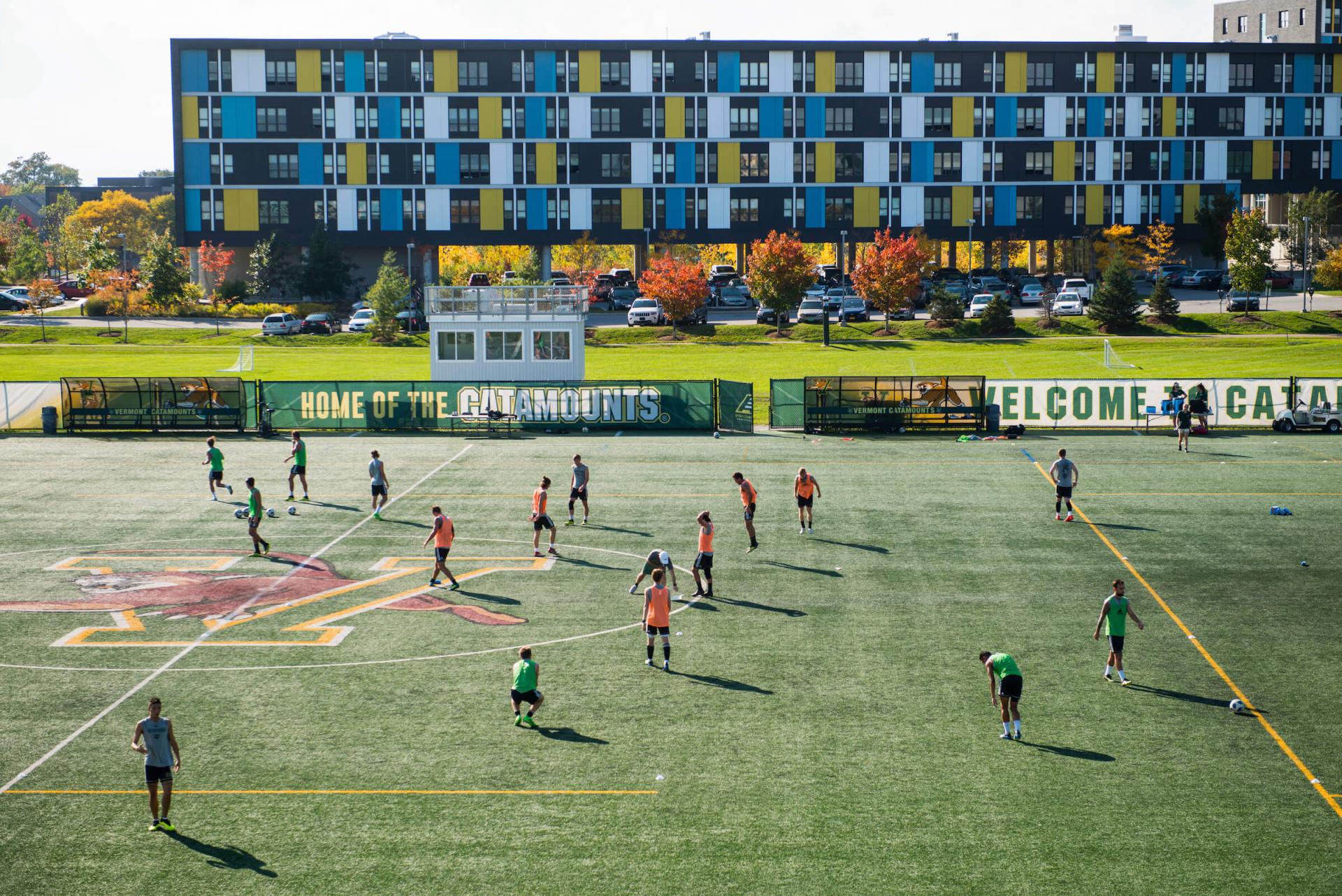 Soccer players on Virtue Field on a beautiful fall day.