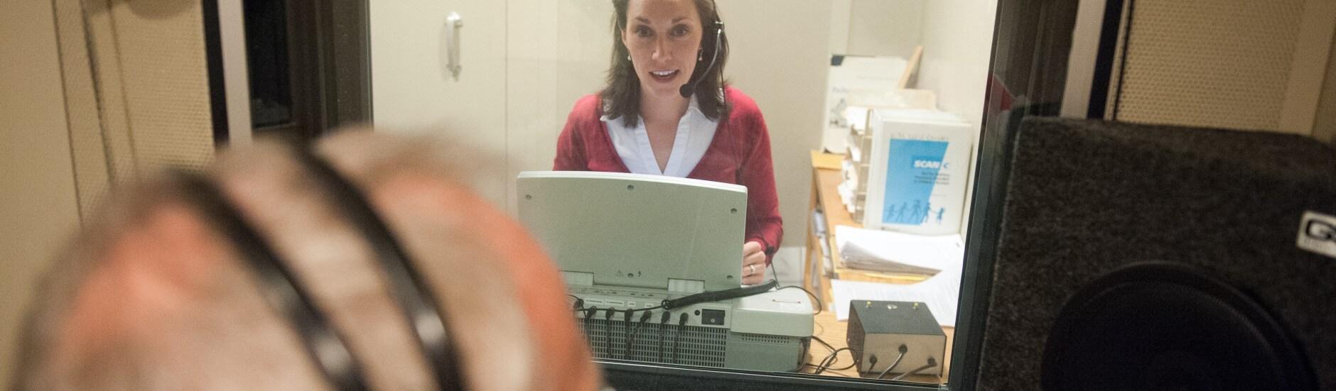 Prof. Liz Adams with client in Luse clinic sound booth