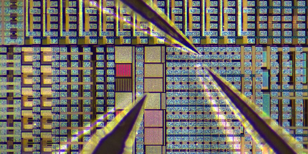 Magnified view of semiconductor wafer taken from probe equipment