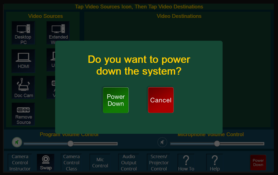 Extron panel showing power-down selections