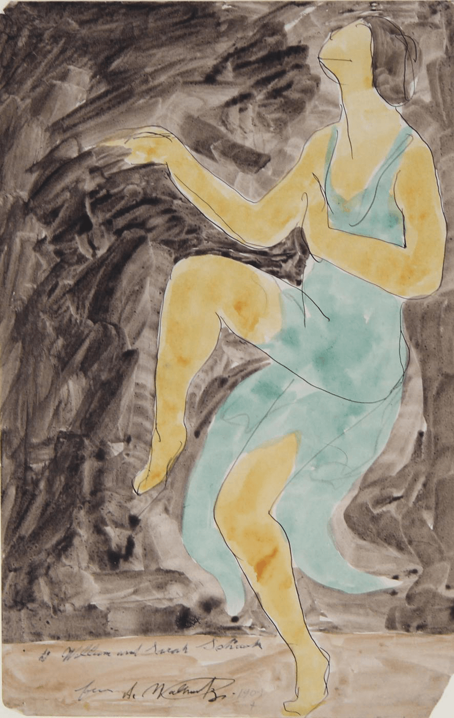An inky blue and black portrait of dancer Isadora Duncan, 1909.