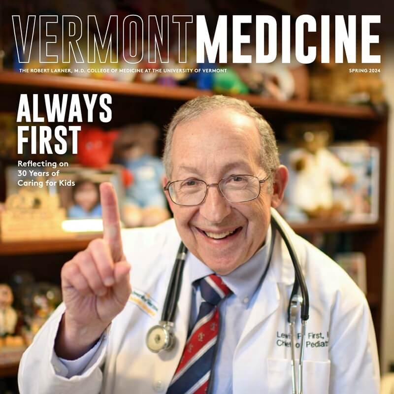 Cover of Vermont Medicine Magazine with doctor holding up index finger