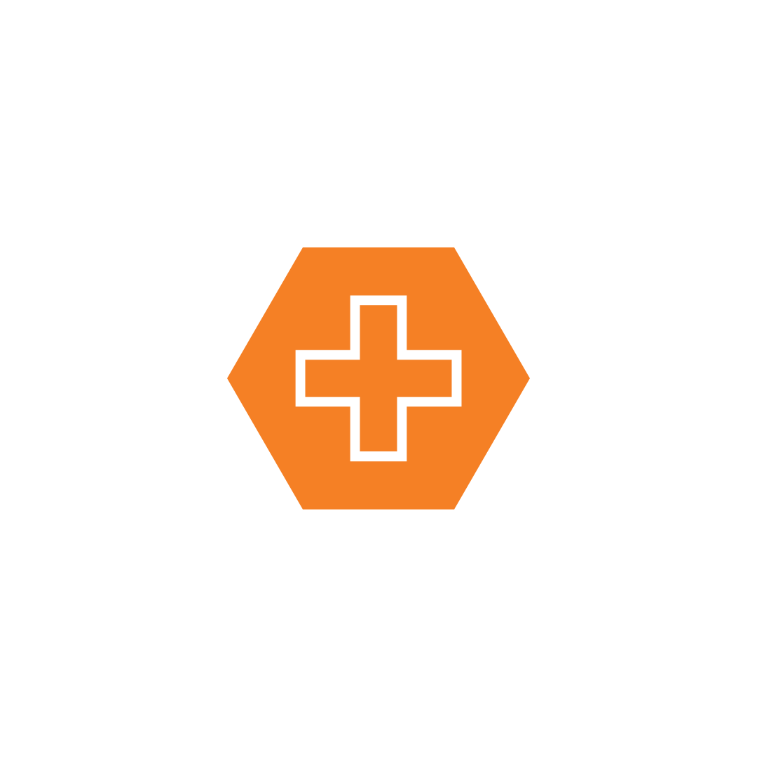an orange hexagon with a white plus sign in the center