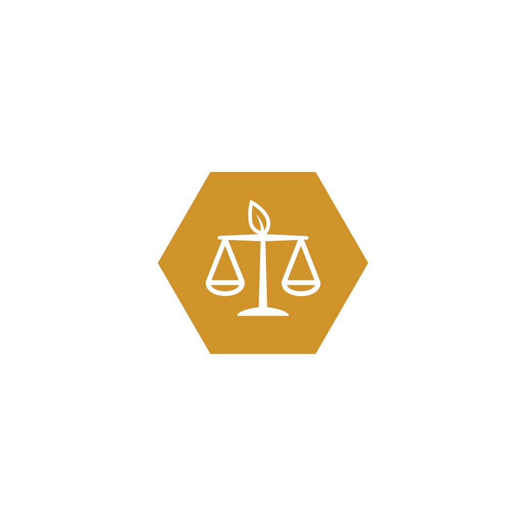 a dark yellow hexagon with stylized white weighing scale in the center