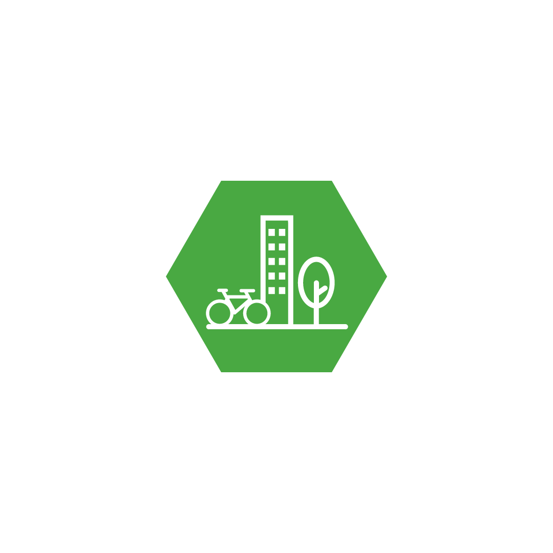 a green hexagon with white outlines of a stylized bicycle, building, and tree in the center