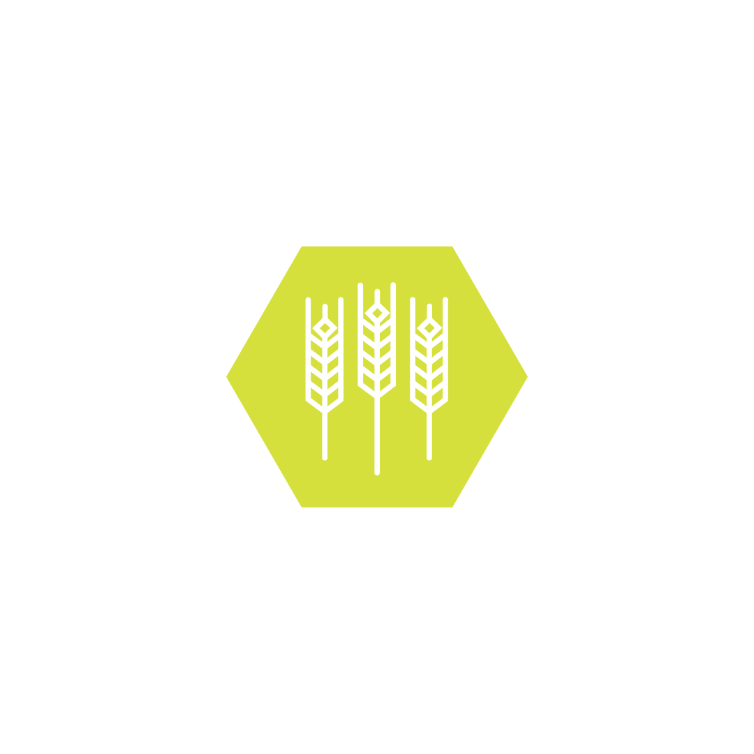 a greenish-yellow hexagon with white stylized wheat design in center
