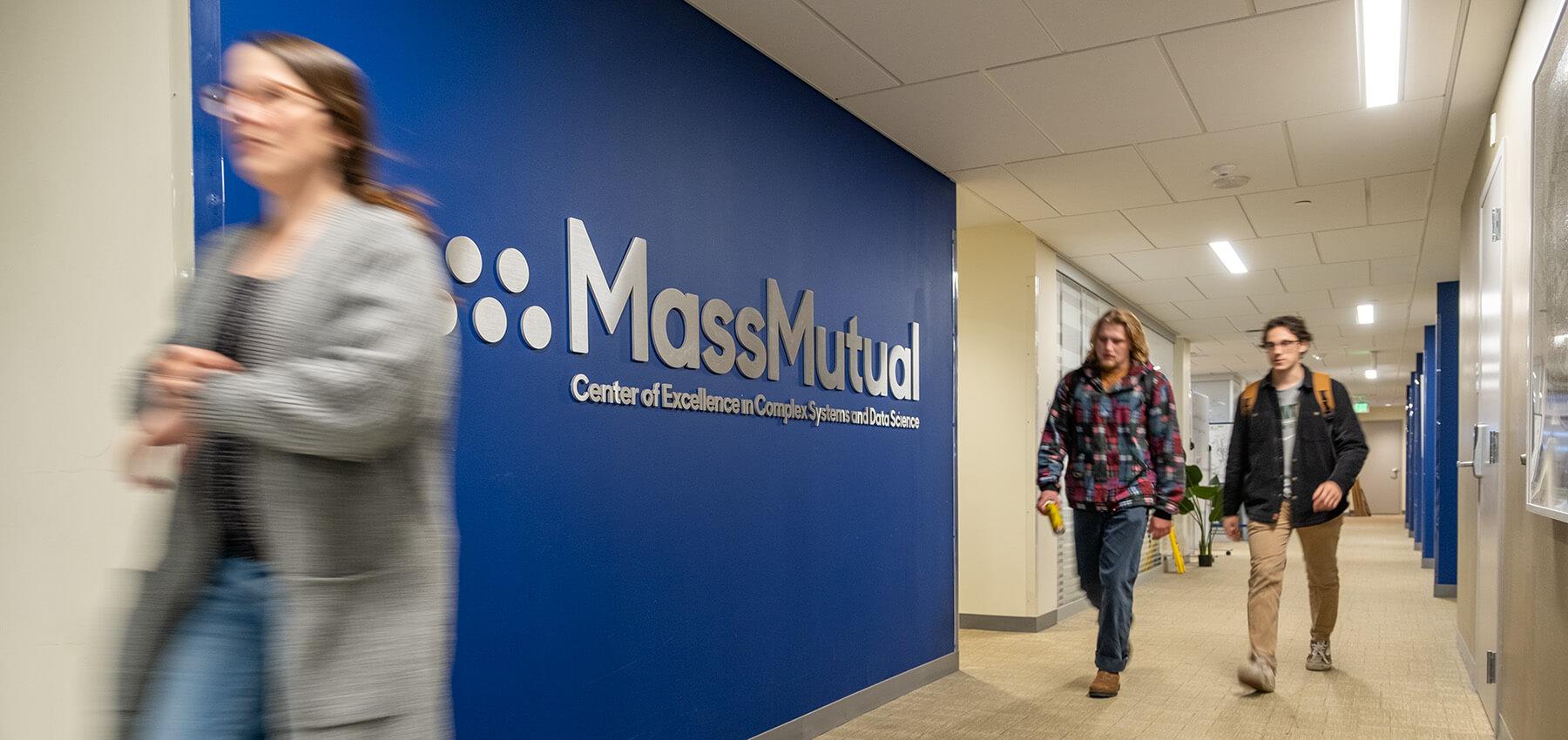Students pass through the MassMutual Center of Excellence in Complex Systems and Data Science
