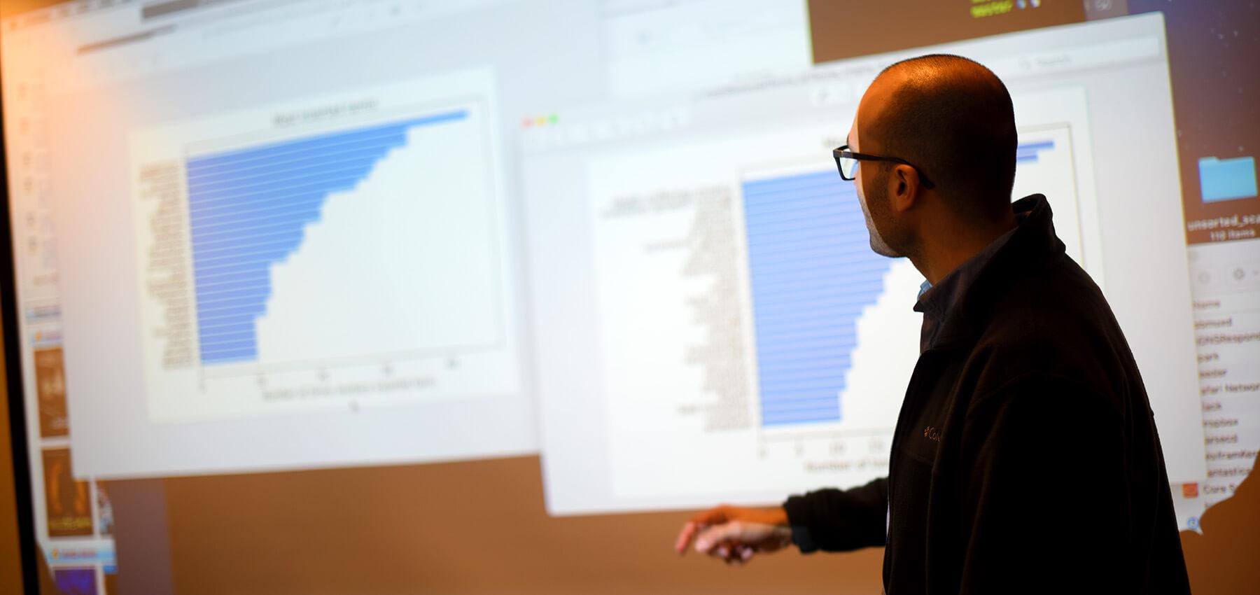 Professor presenting lecture with graphs