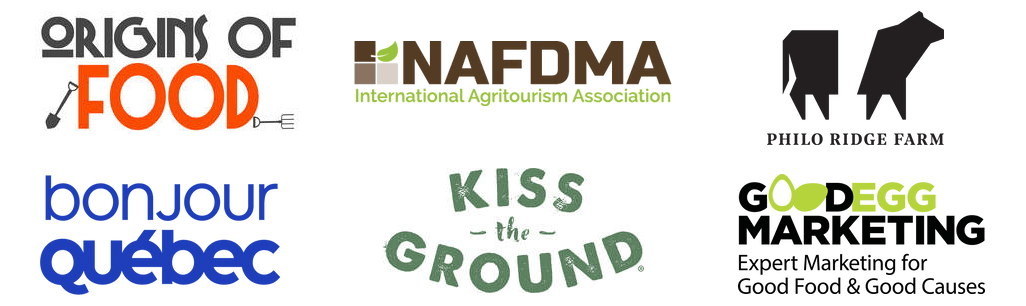 group of logos: origins of food, nafdma, philo ridge farm, bon jour quebec, kiss the ground, good egg marketing