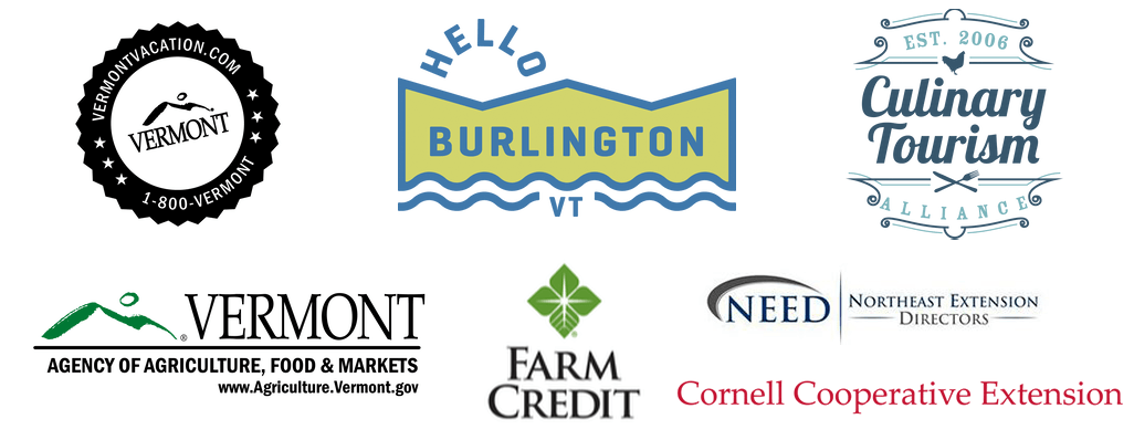 group of logos: vermontvacation.com, hello burlington vt, culinary tourism alliance, vermont agency of agriculture food & markets, farm credit, northeast extension directors, and cornell cooperative extension