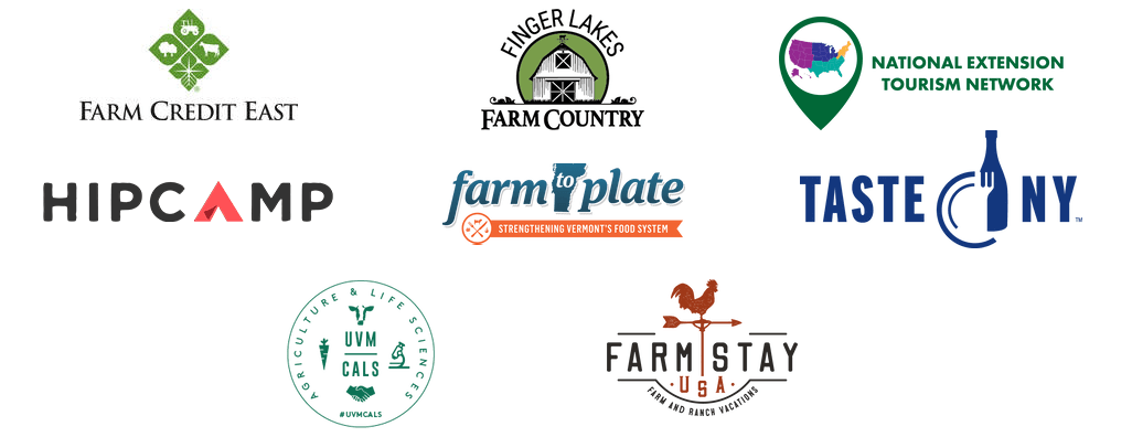 group of logos: farm credit east, finger lake farm country, national extension tourism network, hipcamp, farm to plate, taste ny, uvm cals, farmstay usa