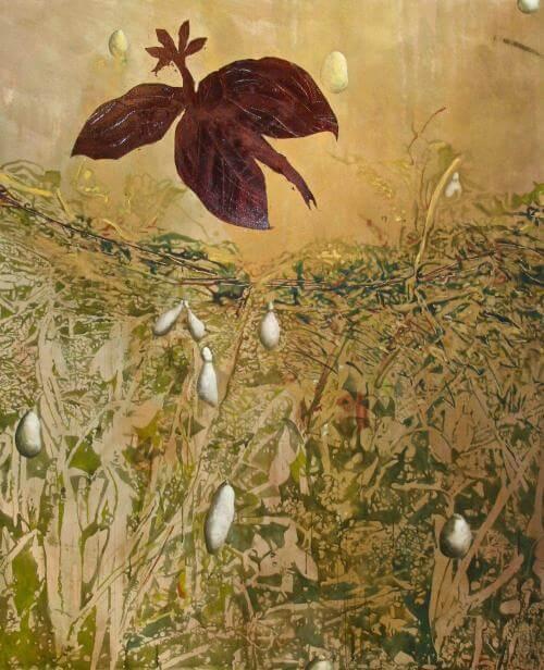 Cameron Davis' painting of a red flower in a field of gold and green.