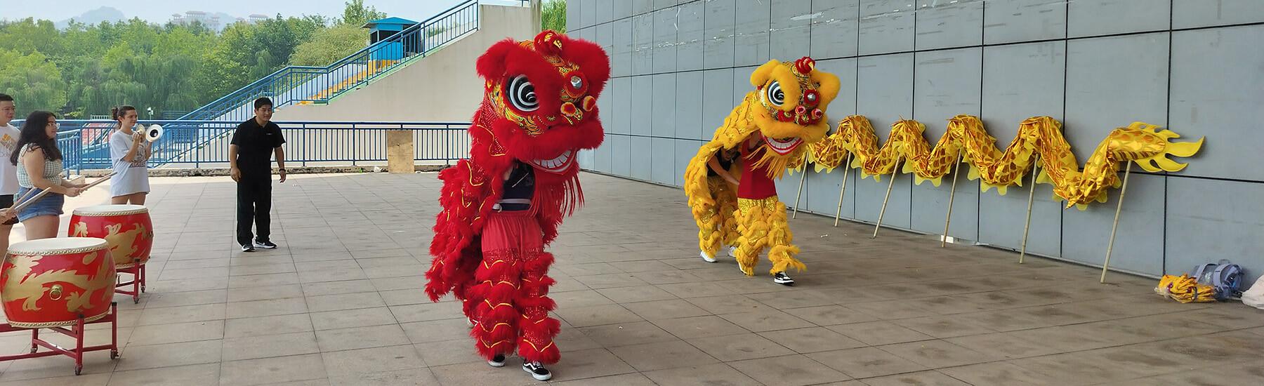 Group of people performing a Chinese dragon dance