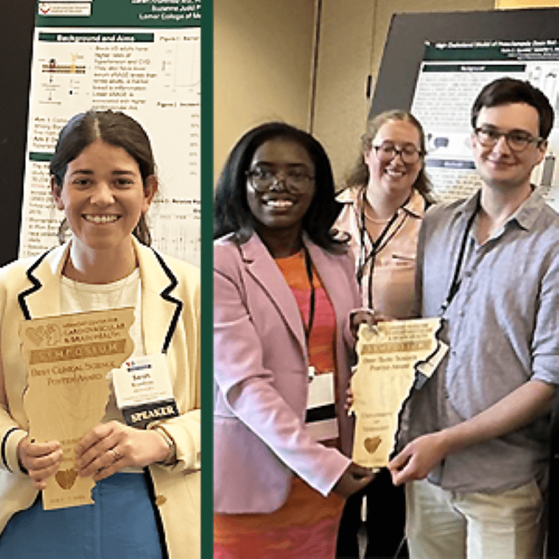 Side-by-side images of researchers proudly displaying wooden award plaques designed in the shape of Vermont.