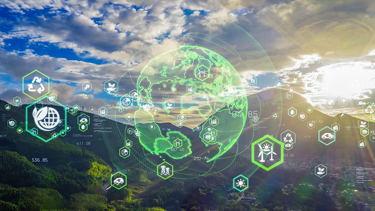 Mountainous scene with graphic overlay featuring resilient energy icons