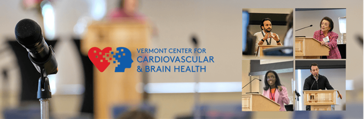 The background features a blurred image of an individual speaking at a podium. In the foreground, on the left side, a microphone is prominently displayed, while on the right, there are four images arranged in a square depicting various speakers presenting. Centrally positioned is a Word Art graphic featuring the text "Vermont Center For Cardiovascular & Brain Health," accompanied by the VCCBH logo, which includes a heart and brain intertwined with scattered pixels.