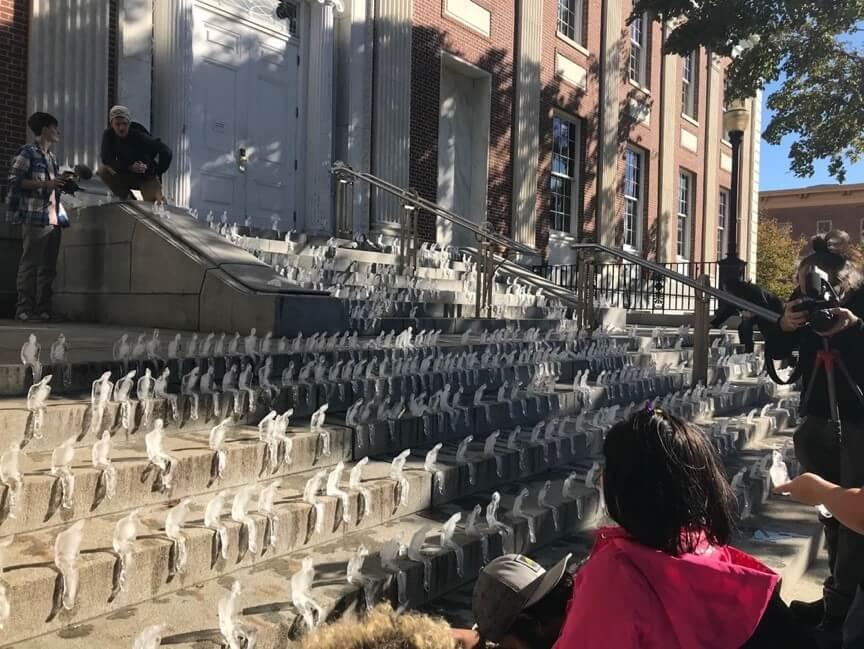 Ice sculpture posed on stairs