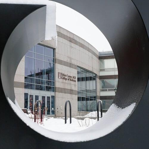 View of building through an abstract sculpture